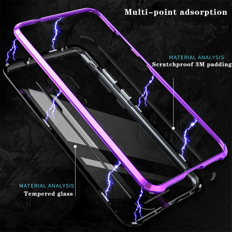 Magnetic phone case with metal frame and tempered glass back for Huawei Honor phones