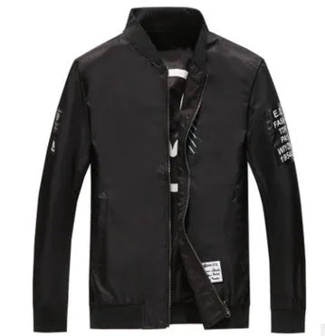 Men's reversible flight jacket showing stripe pattern on both sides, zipper closure, and no-collar design