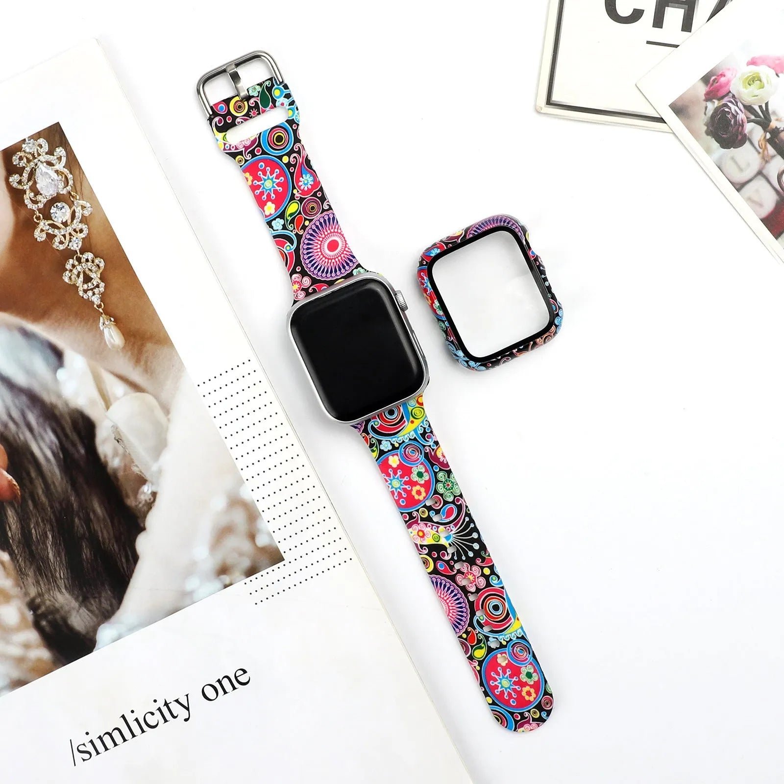 Printed silicone Apple Watch replacement strap in multiple sizes from 38mm to 44mm width