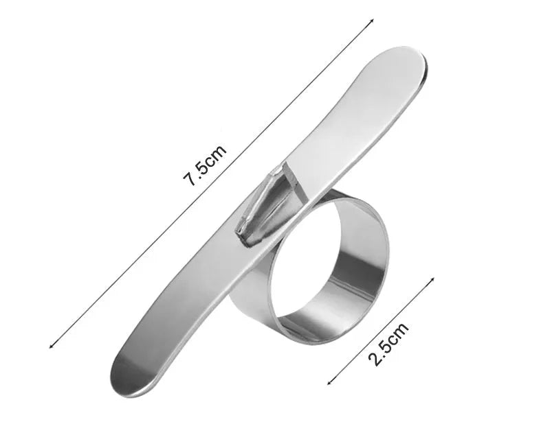 Silver stainless steel ring orange peeler on white background showing 7.5cm tool with finger ring