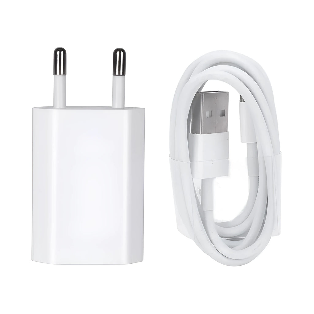 White USB wall charger and white Lightning cable for iPhone and iPad charging.