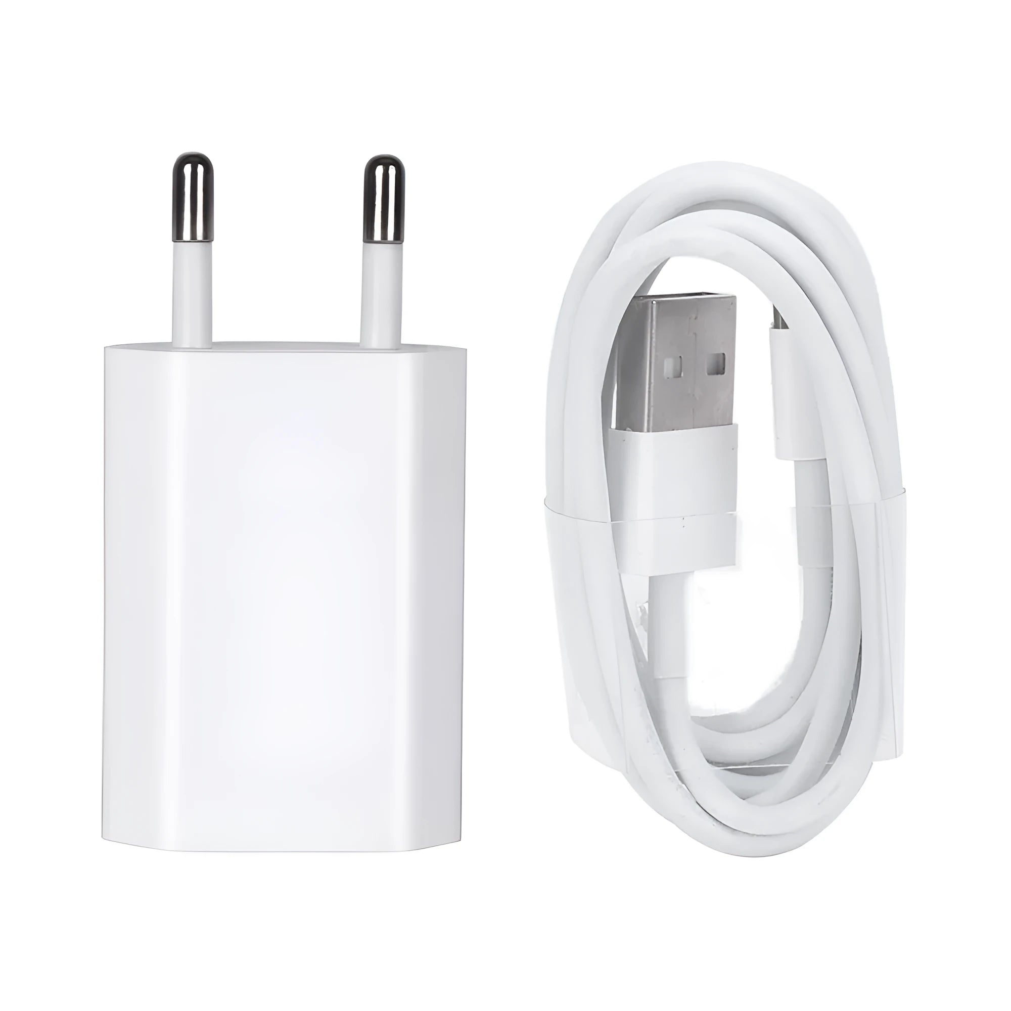 White USB wall charger and white Lightning cable for iPhone and iPad charging.