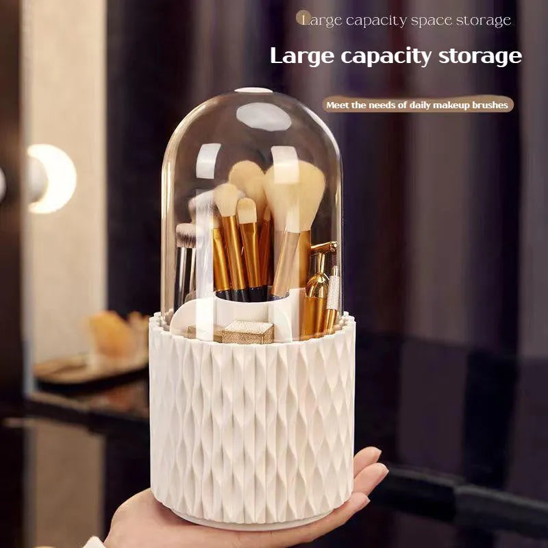 White acrylic makeup brush storage box with transparent design and rotating base