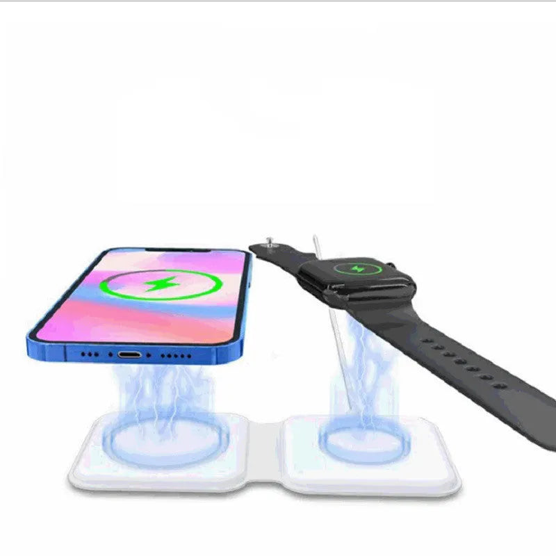 White magnetic wireless charging dock in folded position showing dual charging surfaces and Type-C port
