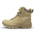 Men's black US Army Delta tactical boots with rubber sole on a rocky outdoor surface.