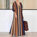 Camel colour women's vertical stripe V-neck pullover dress with long sleeves and A-line skirt