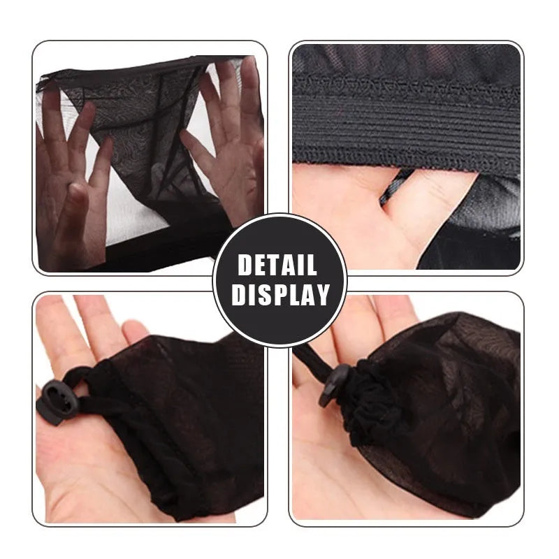 Spandex mesh wig cap in oversleeve design showing stretchable material in seven colour options