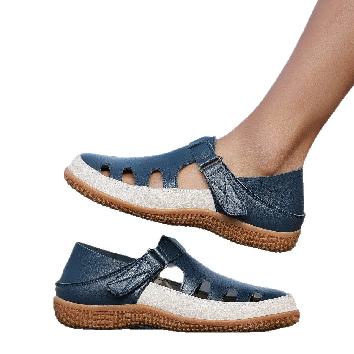 Plus size women's flat heel sandals with hollow toe cap in blue colour showing rubber sole