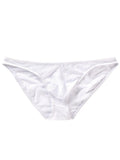 Men's black nylon triangle briefs laid flat, showing mid to low waist design and knitted fabric texture.