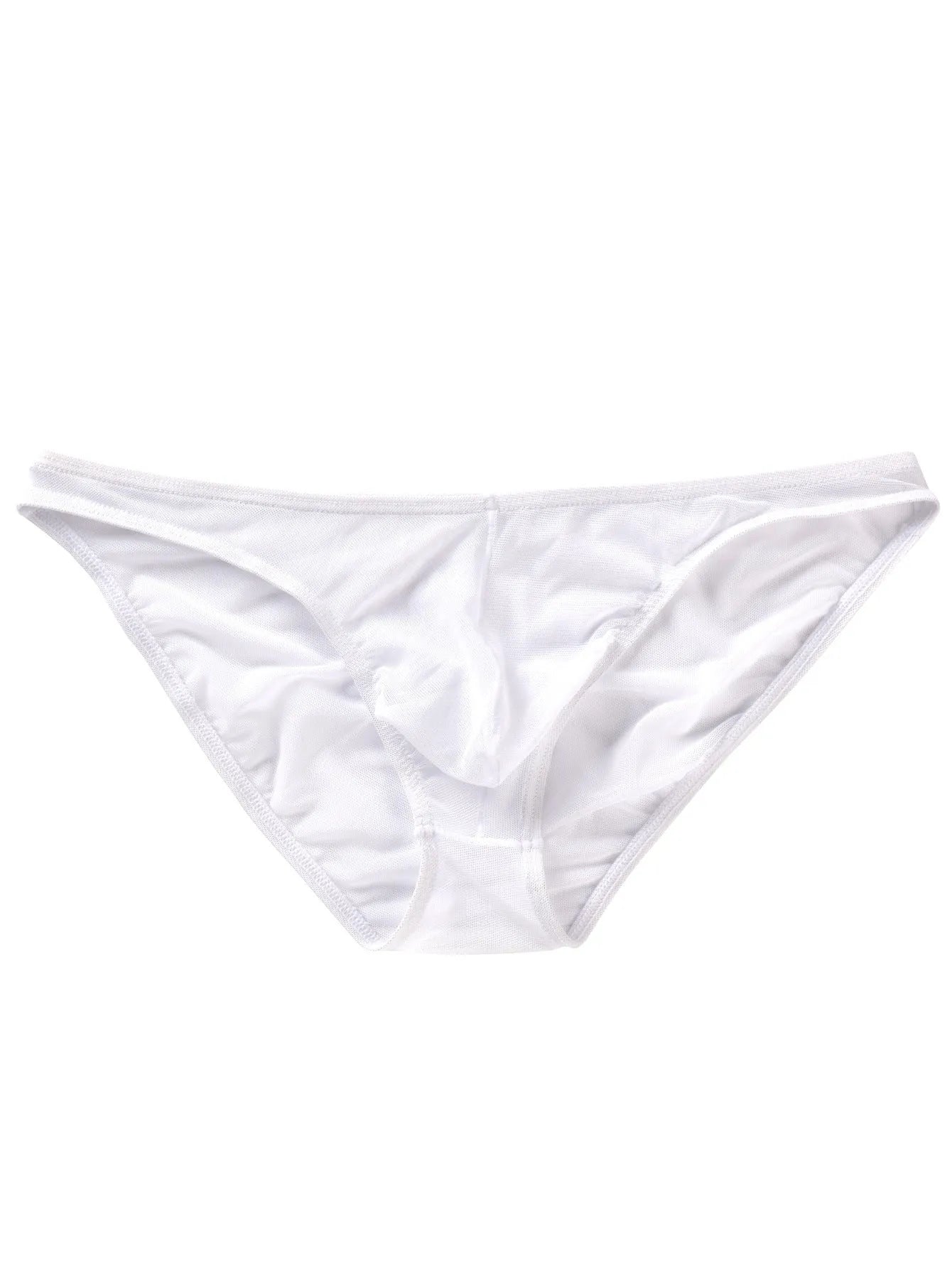 Men's black nylon triangle briefs laid flat, showing mid to low waist design and knitted fabric texture.
