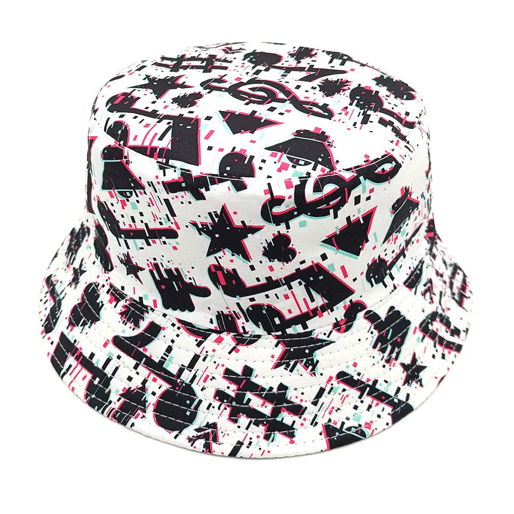 Retro bucket hat with white musical note print on a dark background, showing dome crown.