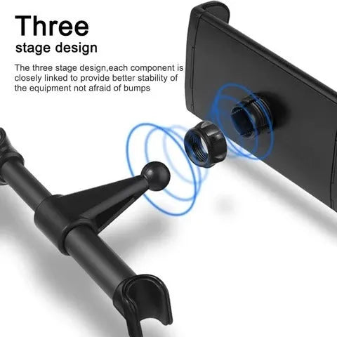 Black car phone holder mounted on rear seat headrest with tablet securely positioned