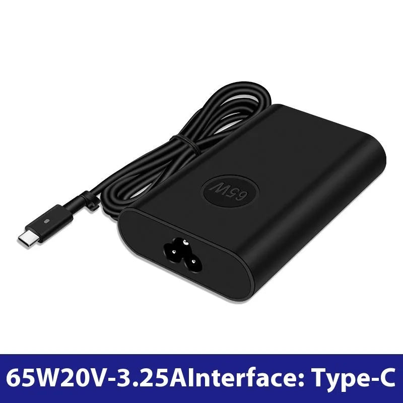 Black 65W USB-C laptop power adapter with six international travel plug cords.