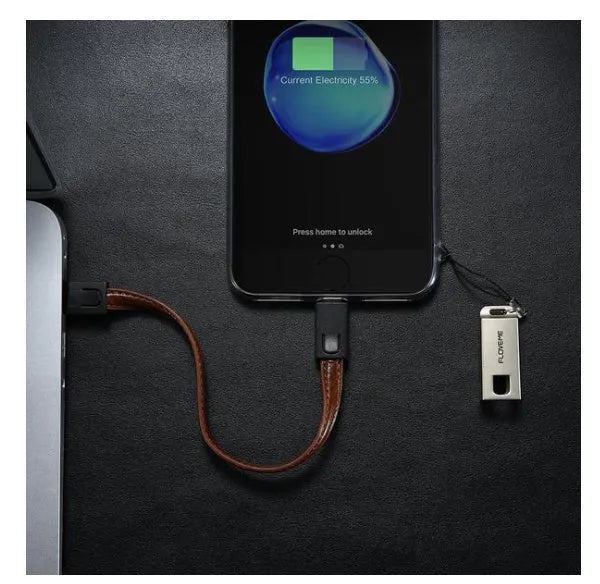 Short 20cm leather-wrapped USB to Lightning charging cable for iPhone with zinc alloy connector