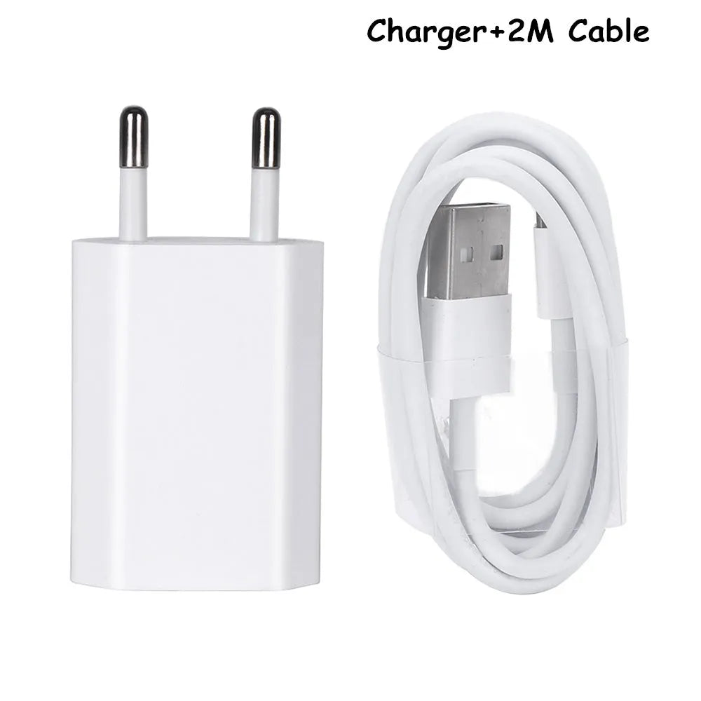 White USB wall charger and white Lightning cable for iPhone and iPad charging.