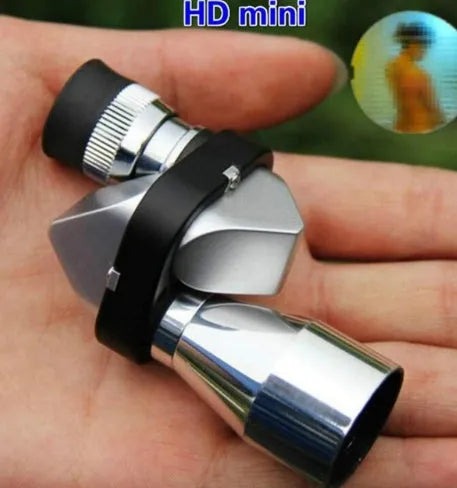 Compact aluminium alloy pocket monocular telescope with 8x20mm magnification on a canvas bag.