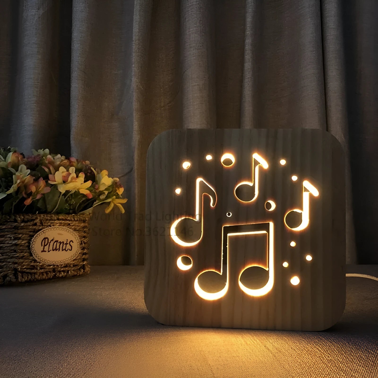 Pine wood USB-powered LED atmosphere light emitting warm white 3D glow.
