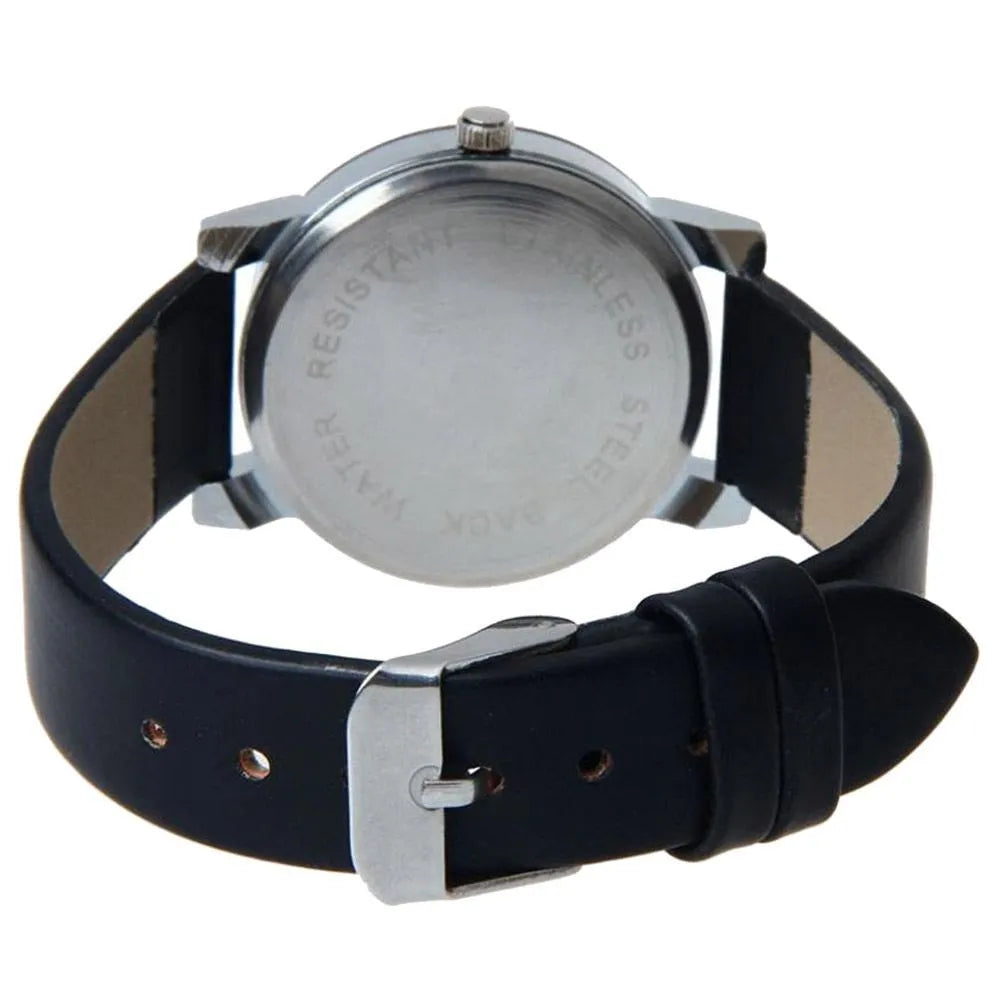 Black analogue quartz watch with stainless steel dial and alloy case on a PU leather band