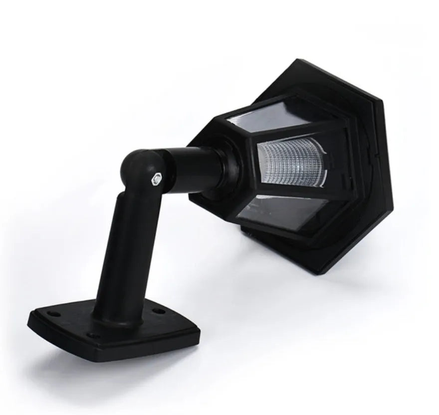 Black hexagonal solar-powered outdoor wall lamp with light sensor and IP44 waterproof rating