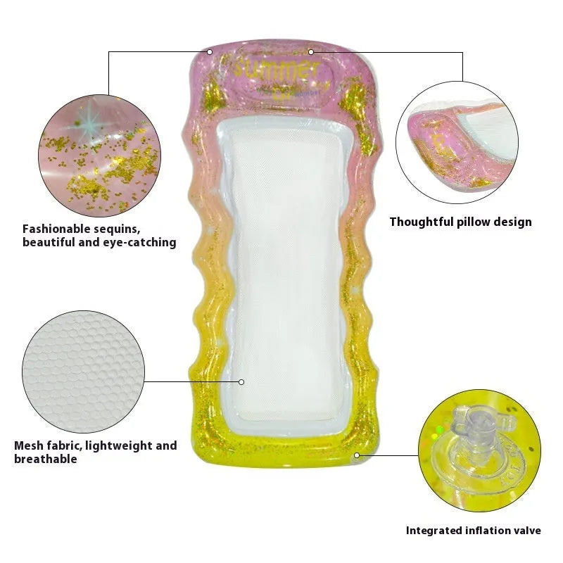 PVC inflatable floating row pool lounge in gradient sequin blue-purple wave design with canopy