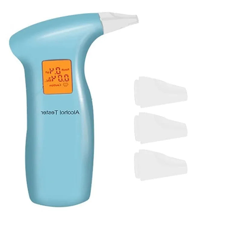 Portable orange light breath alcohol tester with manual and four replaceable mouthpieces.