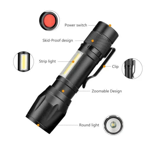 Black aluminium alloy telescopic LED flashlight with pocket clip, shown zoomed in and out.