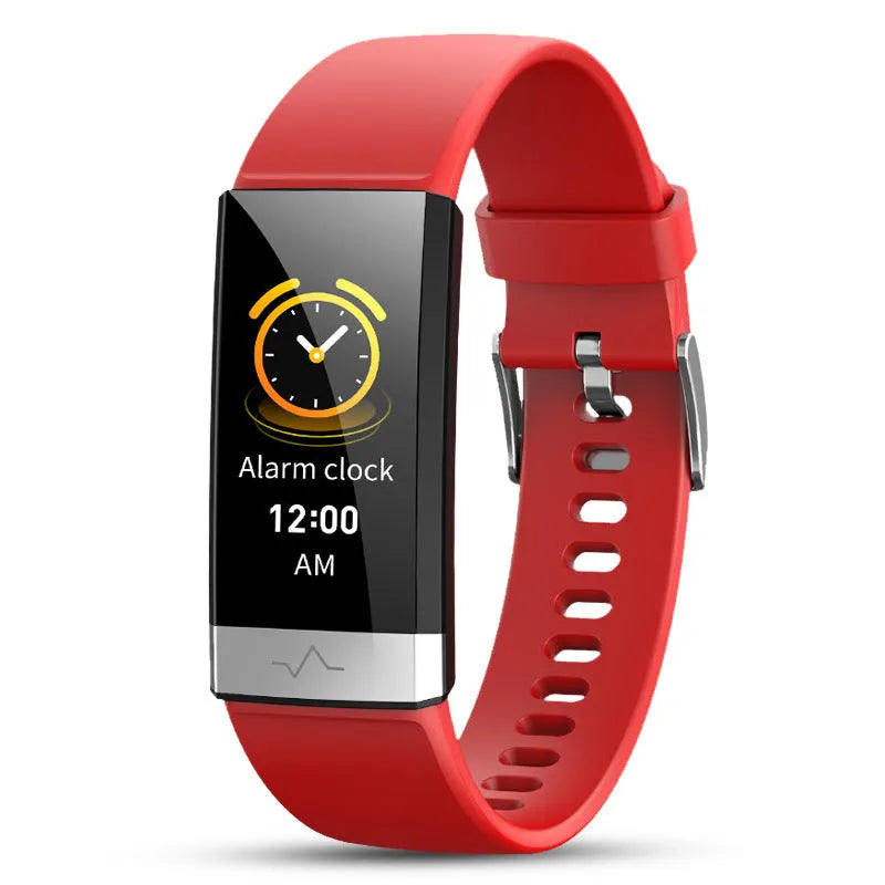 V19 smart health tracker bracelet with colour screen, shown in black, blue, and red colour options.