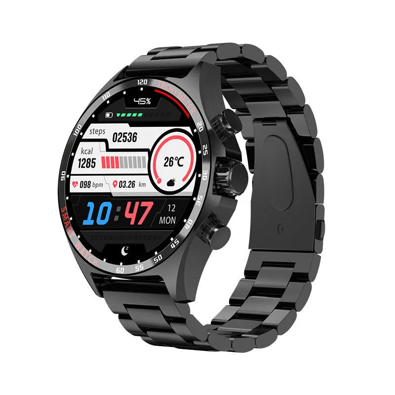 Smart watch in black, silver, or gold with health monitoring display showing heart rate and step count