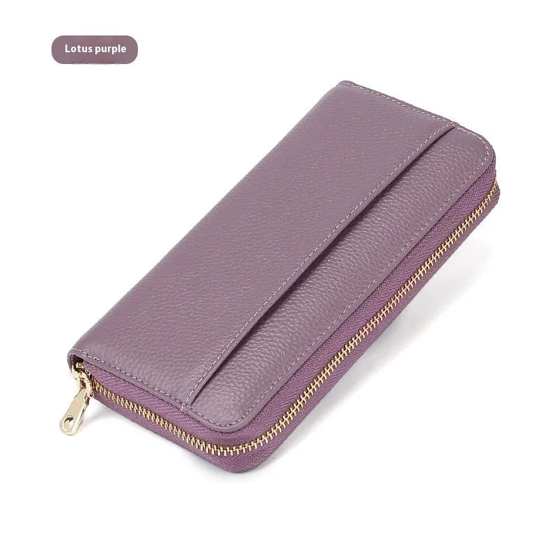 Women's genuine leather long bi-fold wallet in six colour options showing large capacity design