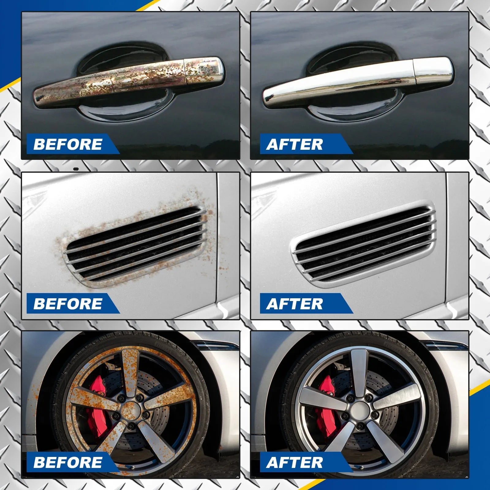 Car iron powder rust remover spray bottle with blue sponge and towel on a car surface.