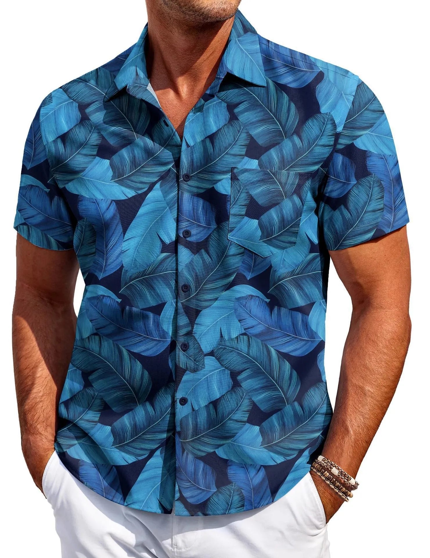 Men's slim fit Hawaiian short sleeve shirt in a digitally printed pattern.