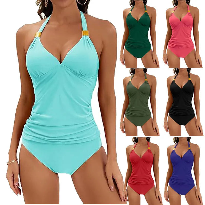 Women's red halter neck two-piece swimsuit with split tie and briefs bottom.