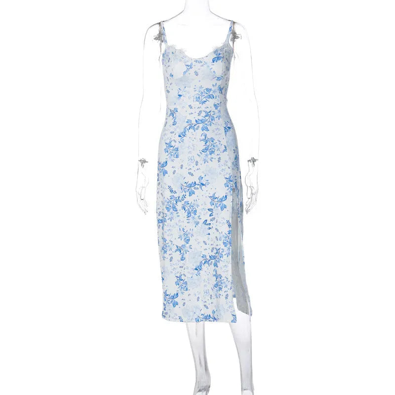 Lace flowers print long dress with front slit and suspender straps in solid colour options
