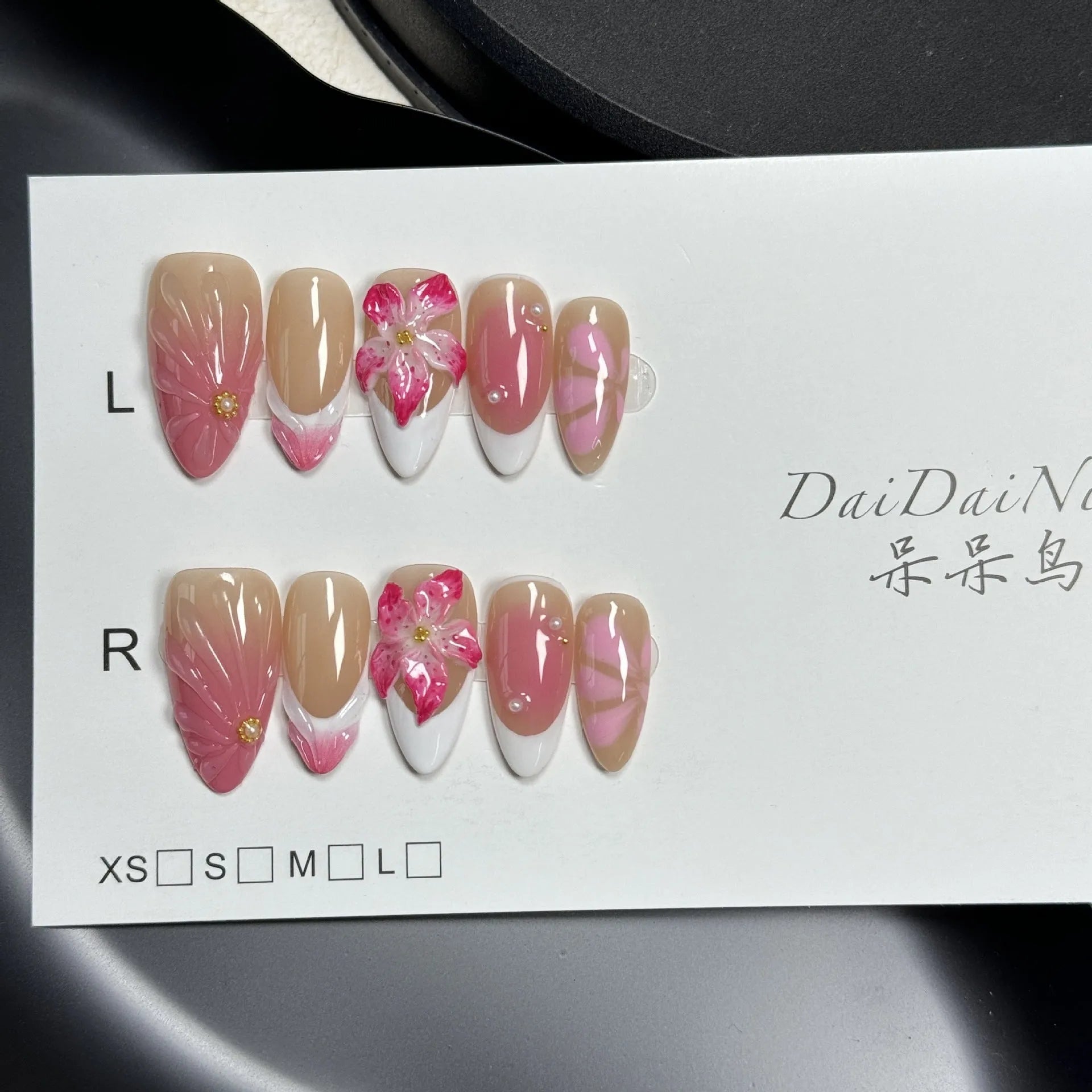 French style lily fluid ice flower 3D design press on nails in almond shape, sizes XS to L