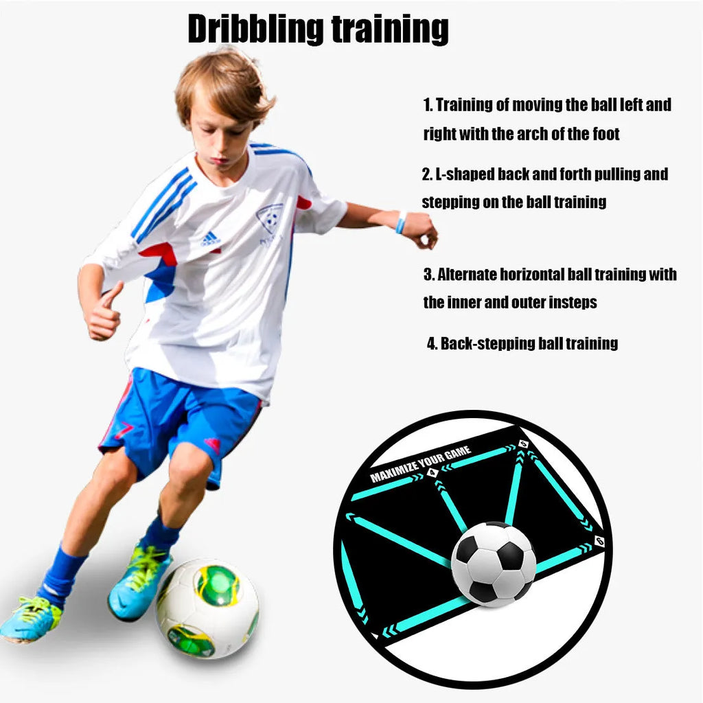 Black rectangular 60x90cm football training mat with a non-slip rubber base.