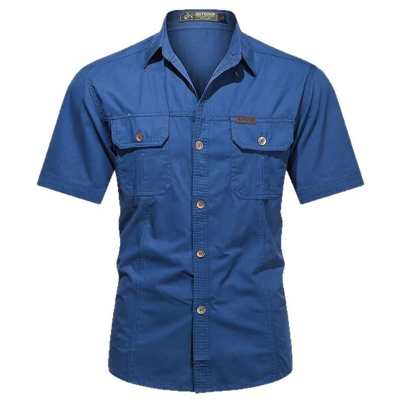Men's short sleeve cotton work shirt in loose fit available in army green, beige, black, dark blue and other colours