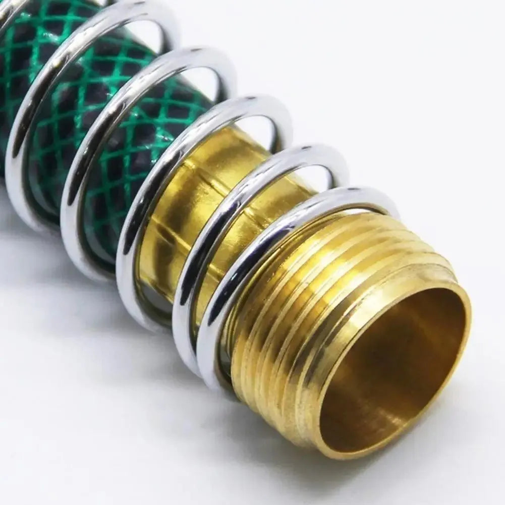 Brass garden hose sprinkler connector with spiral spring mechanism for preventing kinks