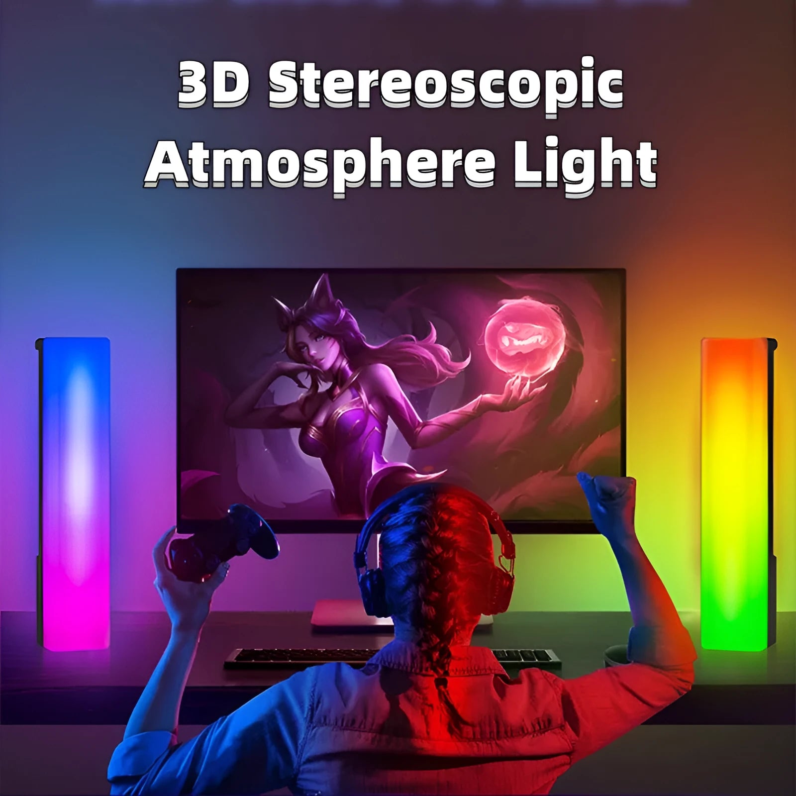 3D RGB tabletop ambience lamp with voice-activated rhythm lighting in black shell