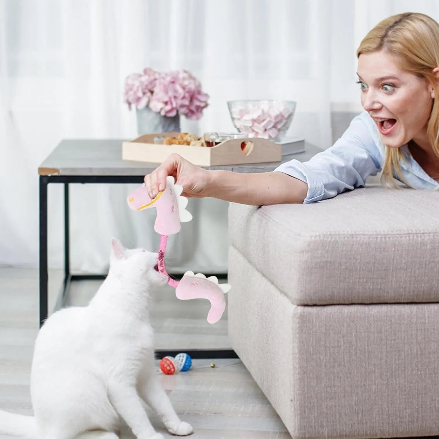 Bundle of four plush cat toys including chew, rope and catnip designs for indoor play