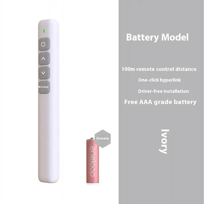Black, white, and pink wireless presentation remote control pens with a USB receiver on a wooden desk.