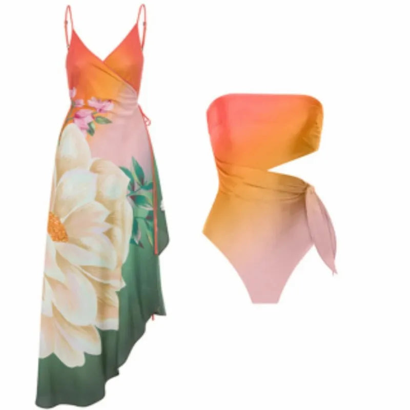 Women's French retro printed one-piece swimsuit in polyester fabric