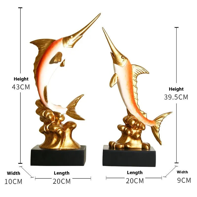 European stylised swordfish resin and plastic decorative ornament on a shelf.