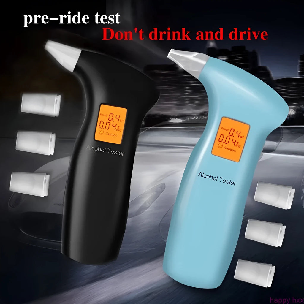 Portable orange light breath alcohol tester with manual and four replaceable mouthpieces.
