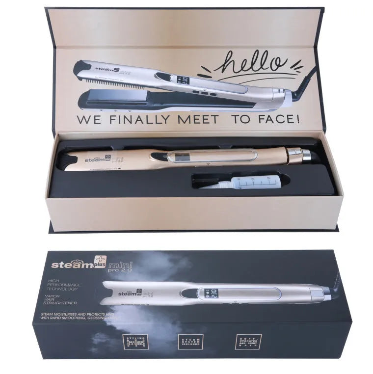 Mini steam spray hair straightener in purple, rose red or champagne colour with steam mist function