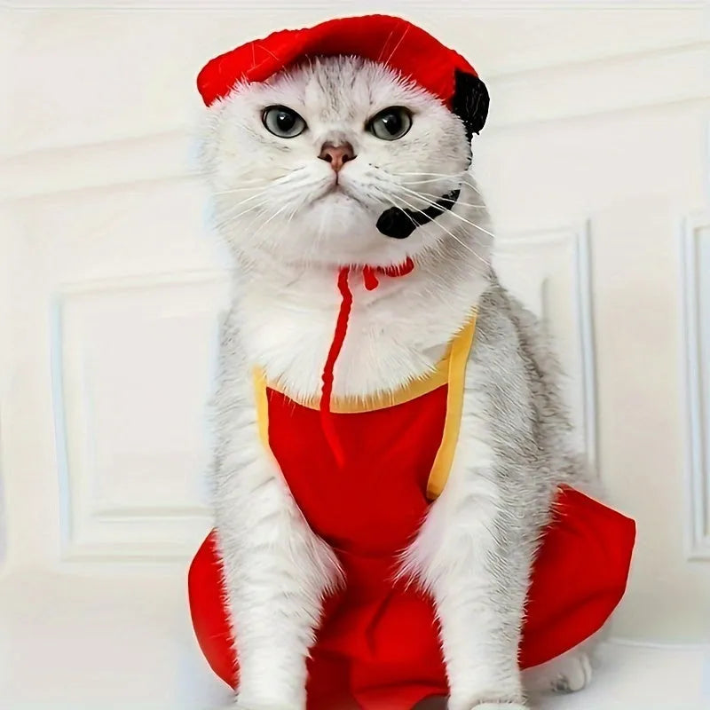 Handmade white cat chef hat and knitted sweater pet costume set for birthday parties
