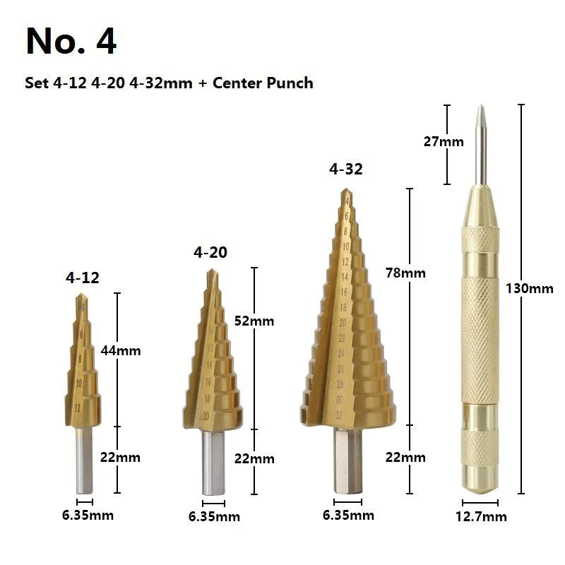 High speed steel cone drill bit punch set with centre punches including multiple step drill sizes