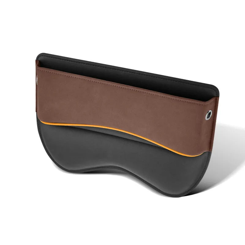 Leather car seat storage box in available colours mounted on vehicle passenger seat