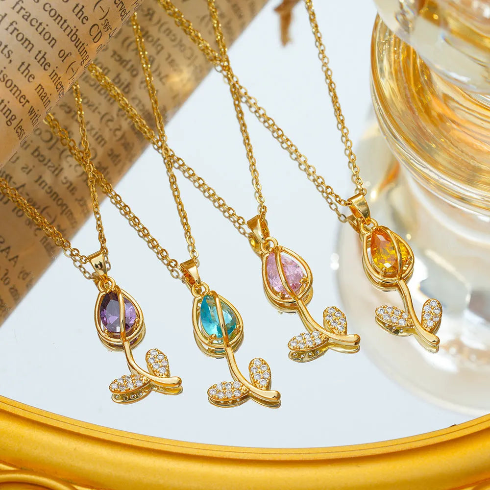 Women's zircon tulip pendant necklace with flower-shaped design on adjustable O-ring chain