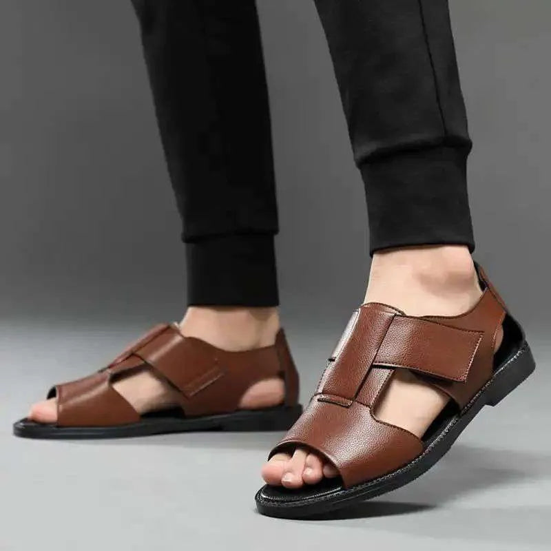 Men's black and brown casual Roman-style sandals with open toe and rubber sole.