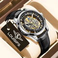 Swiss quartz men's business watch with hollow case in gold or silver with brown or black strap